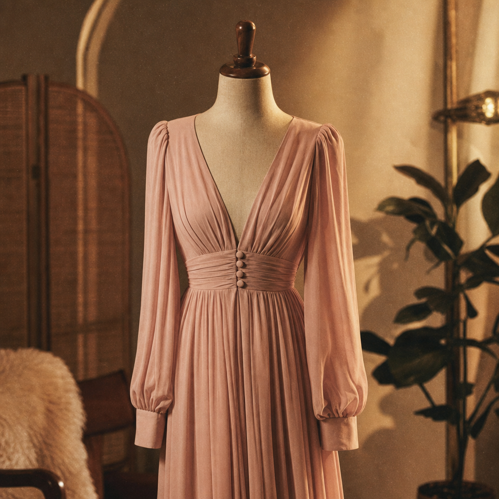 Soft blush vintage dress on a mannequin with gathered sleeves and a flowing skirt