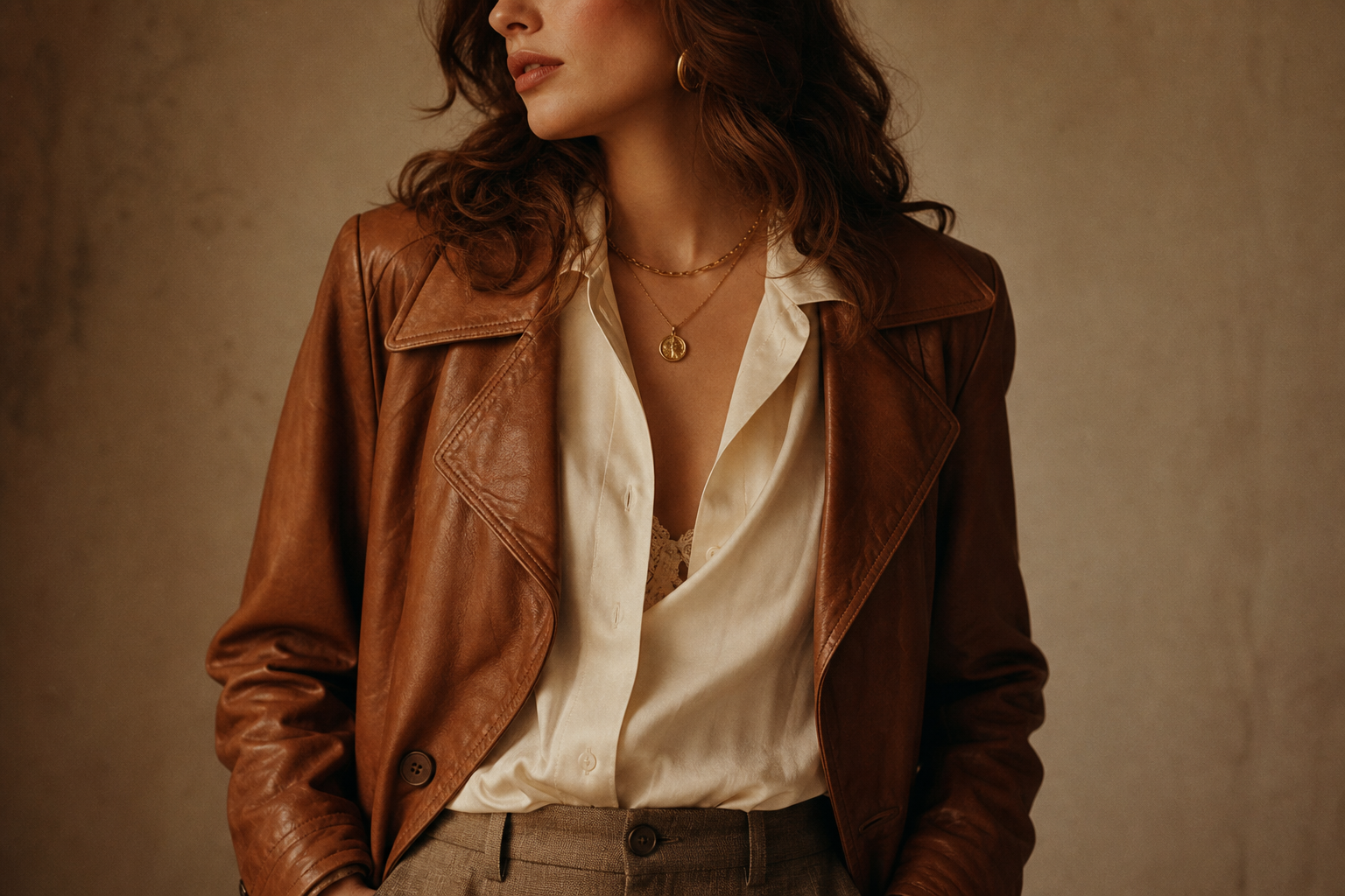 Vintage fashion editorial featuring a caramel leather jacket layered over a silk blouse with warm studio light