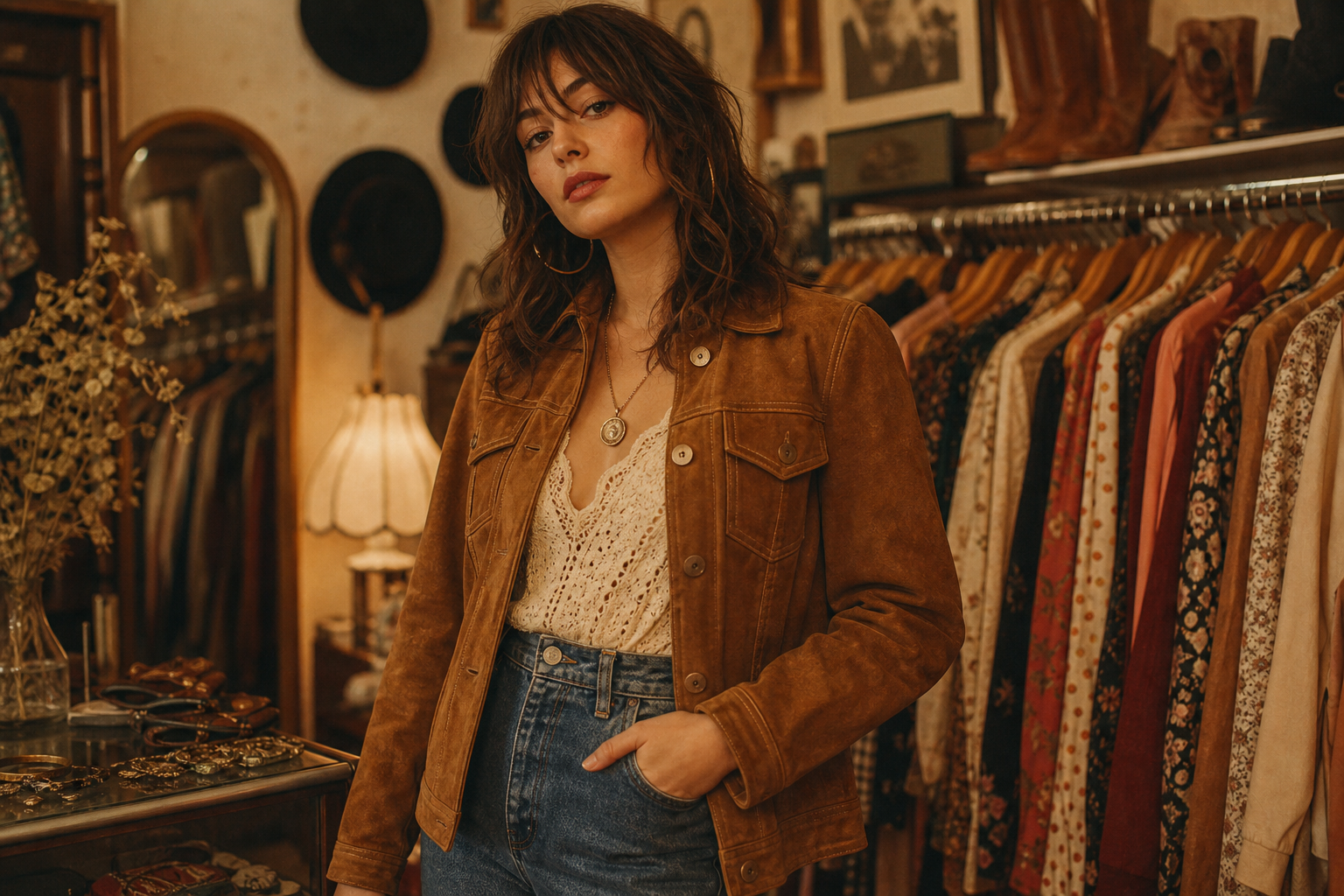 Warm film-style portrait of a model wearing a 1970s suede jacket and high-waisted denim, styled in a softly lit boutique setting