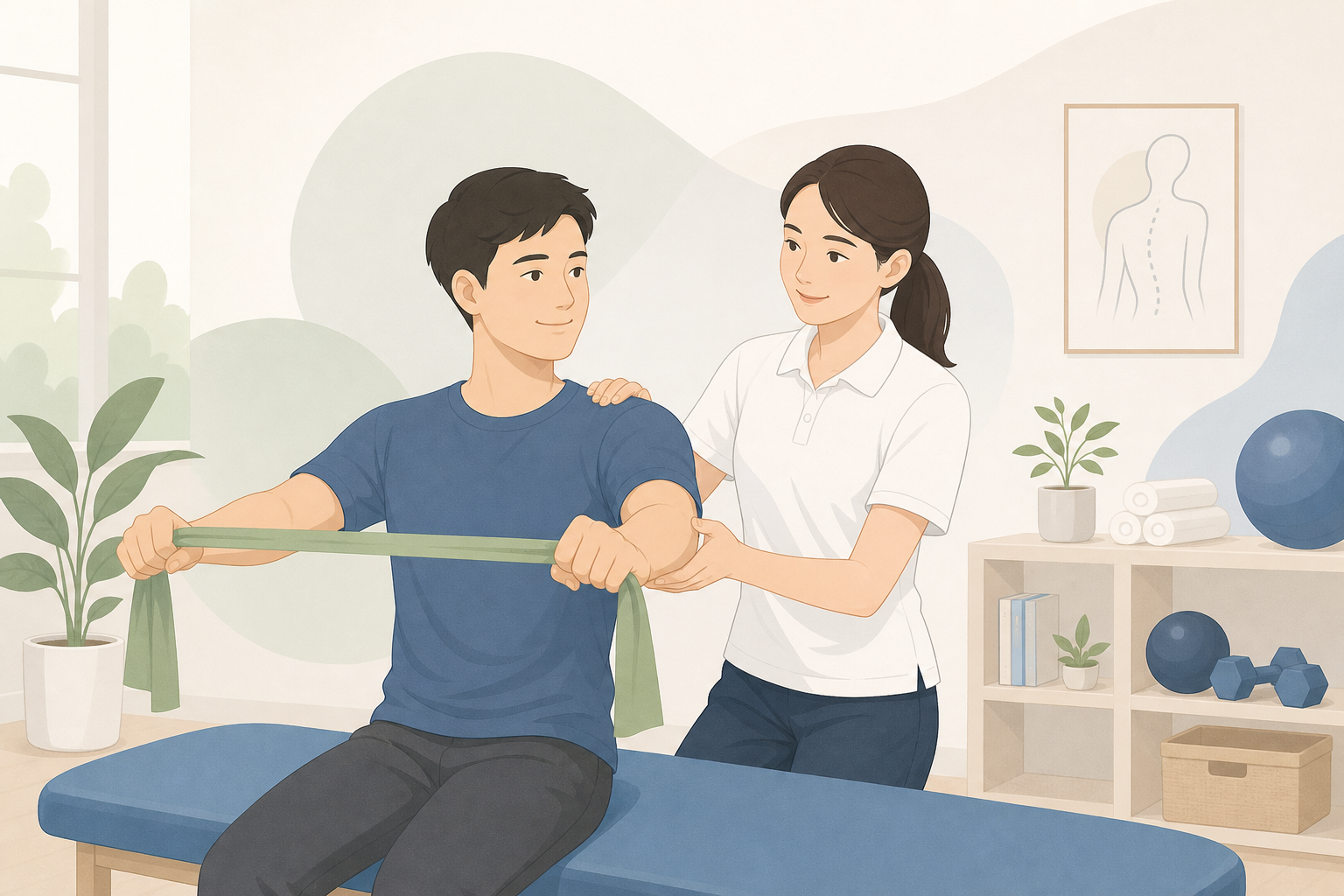 Minh họa trị liệu viên hướng dẫn người trưởng thành tập vận động nhẹ với dây kháng lực trong không gian sáng, đường nét sạch và hình khối hữu cơ dịu mắt