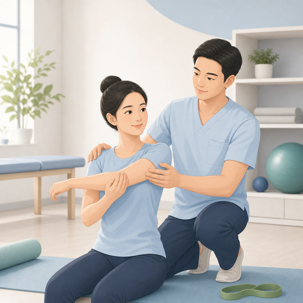 Minh họa nhà trị liệu hướng dẫn bệnh nhân thực hiện bài tập phục hồi nhẹ nhàng trong không gian sáng, sạch và thân thiện