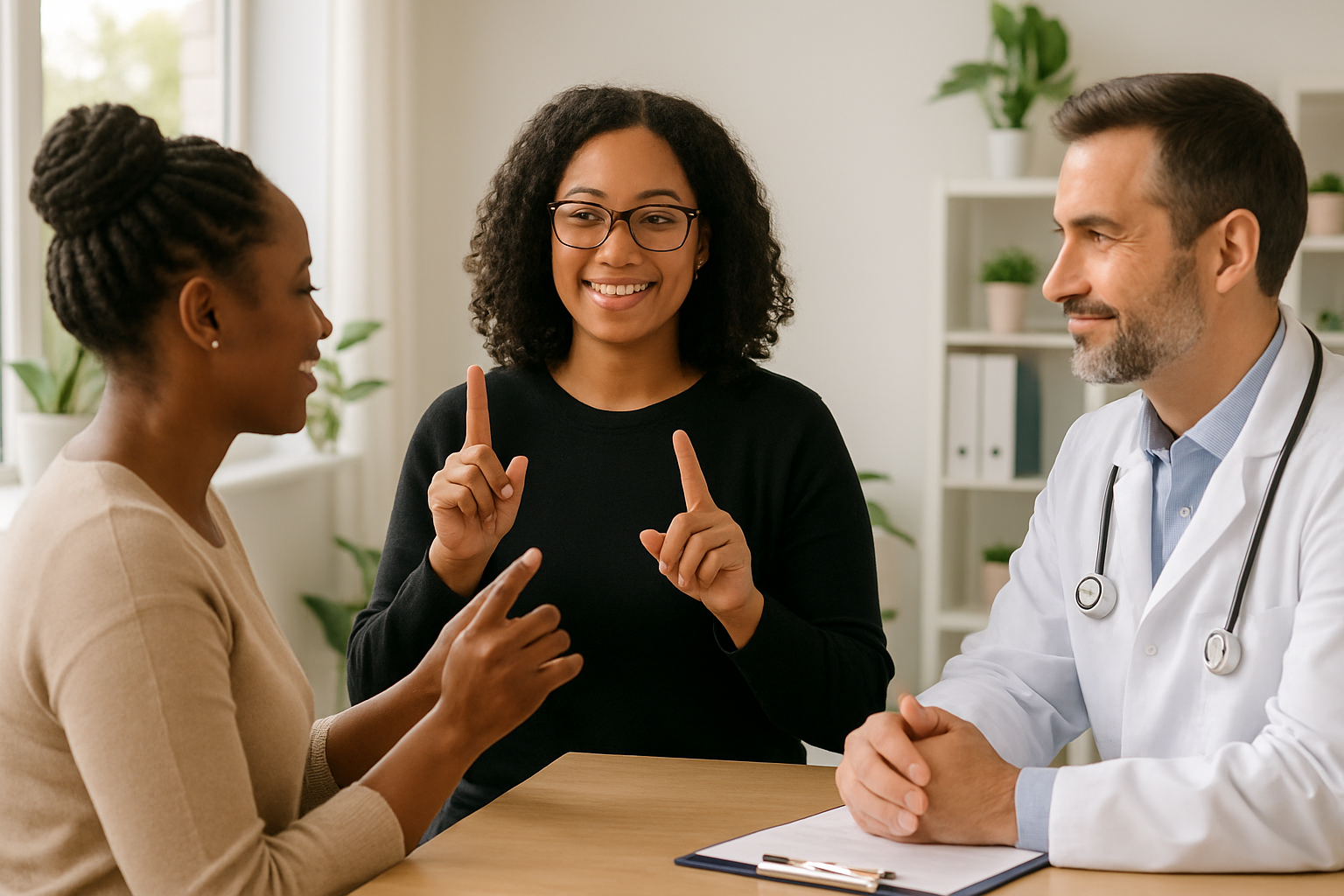 ASL interpreter facilitating communication between a medical professional and a client in a bright, inclusive setting