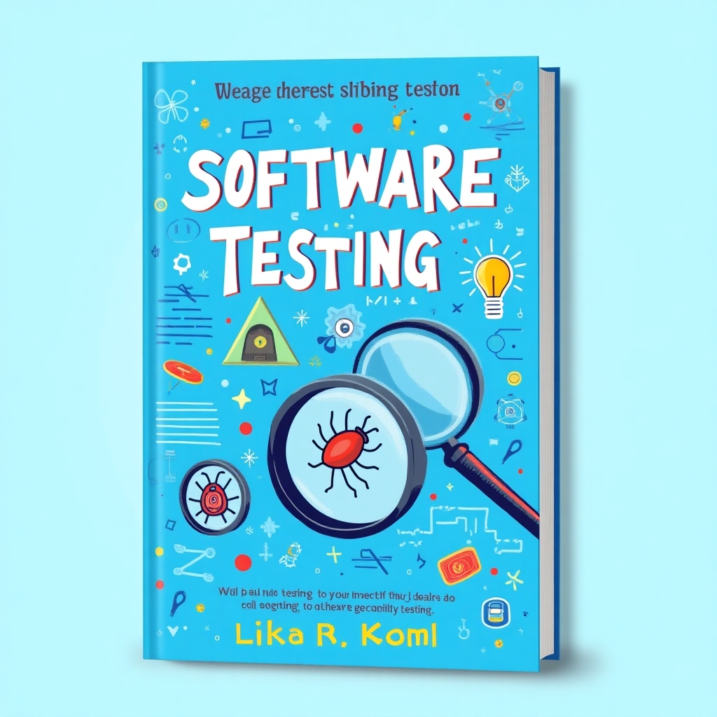 Book cover for Anna Karol's software testing guide, featuring playful and realistic illustrated elements such as a magnifying glass, a bug, and code snippets on a modern blue-themed background