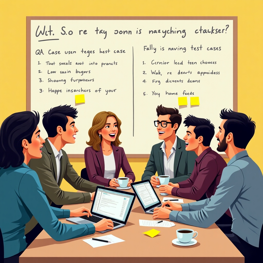 A group of diverse QA engineers in a playful debate over test cases, surrounded by sticky notes and coffee cups