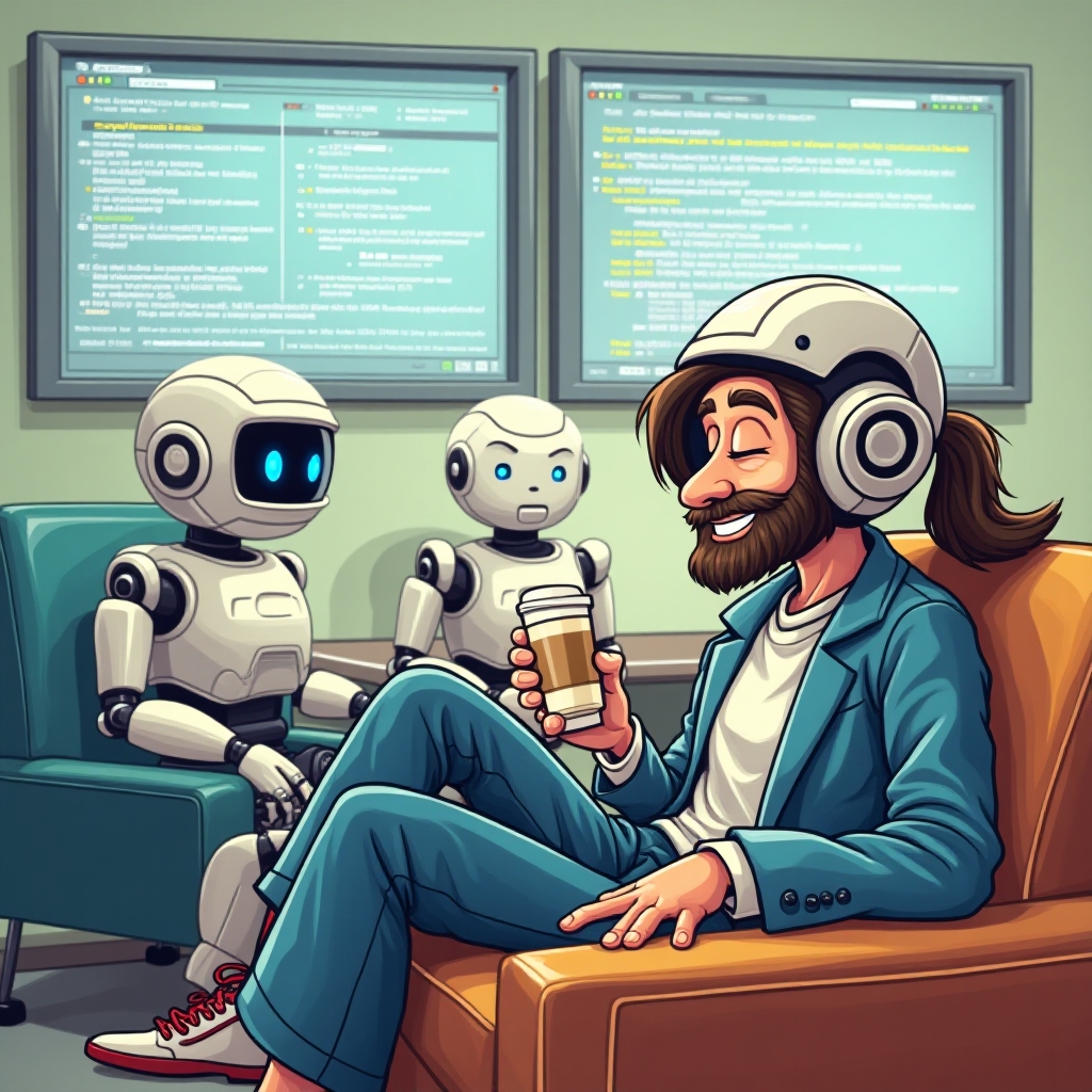 A cheerful tester relaxing with a coffee while AI robots run automated tests on screens behind them