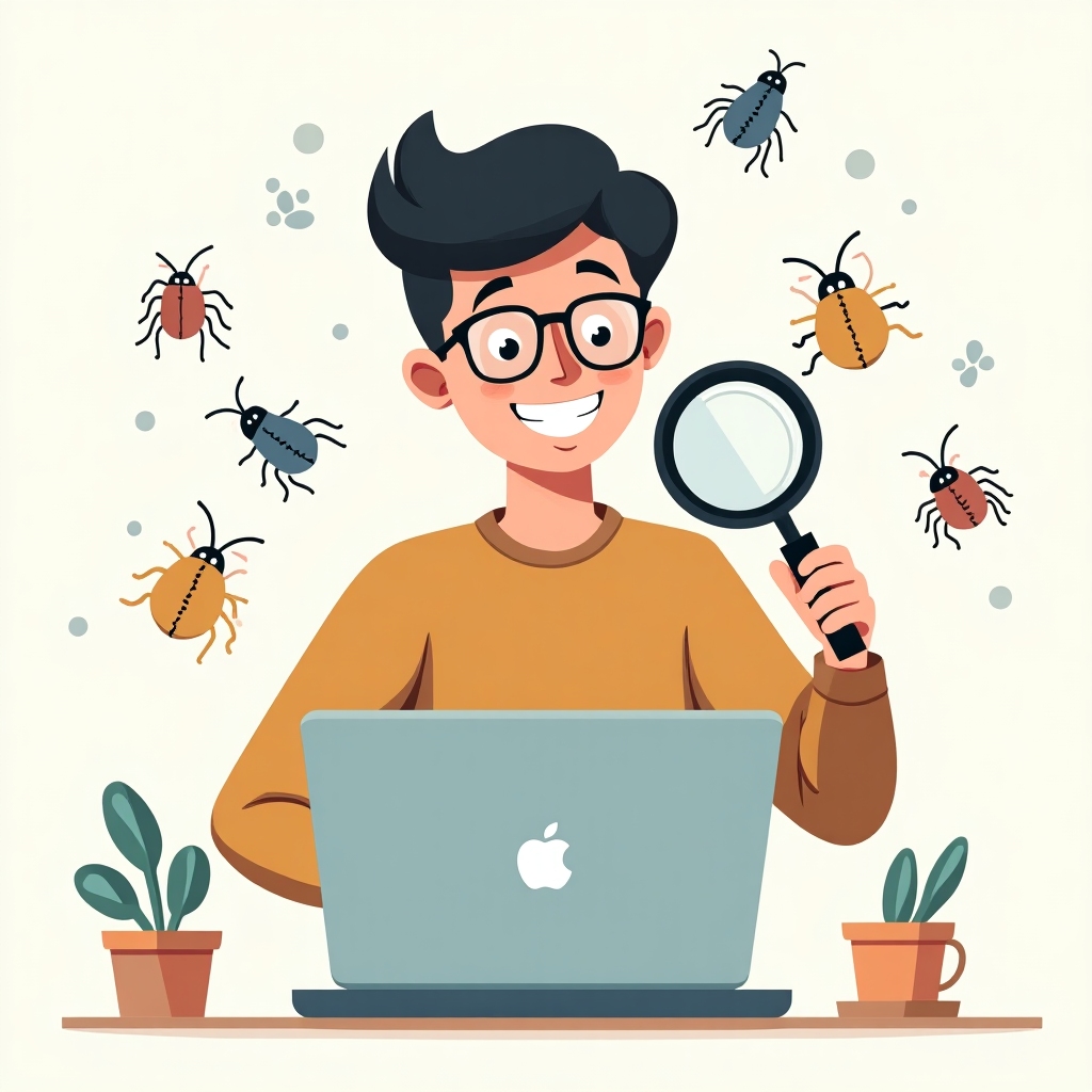 A smiling software tester holding a magnifying glass over a laptop, with bug icons floating around