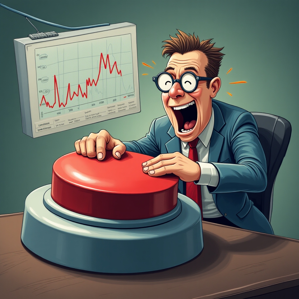 A tester dramatically stress-testing a mobile app by pressing a giant red button, comically exaggerated performance charts in background