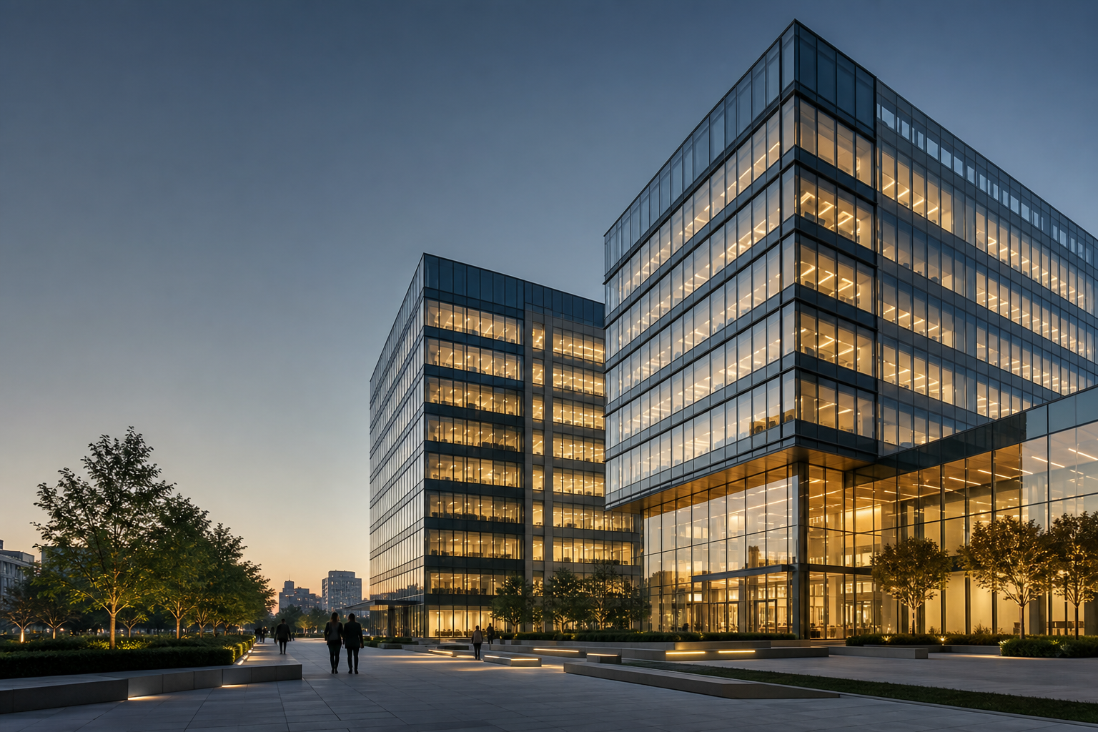 Editorial-style view of a premium commercial building portfolio in a modern urban district at dusk