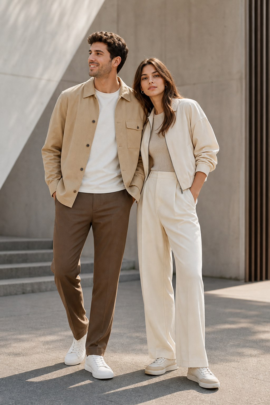 Men and women in modern casual outfits, styled for everyday wear with clean, contemporary layering