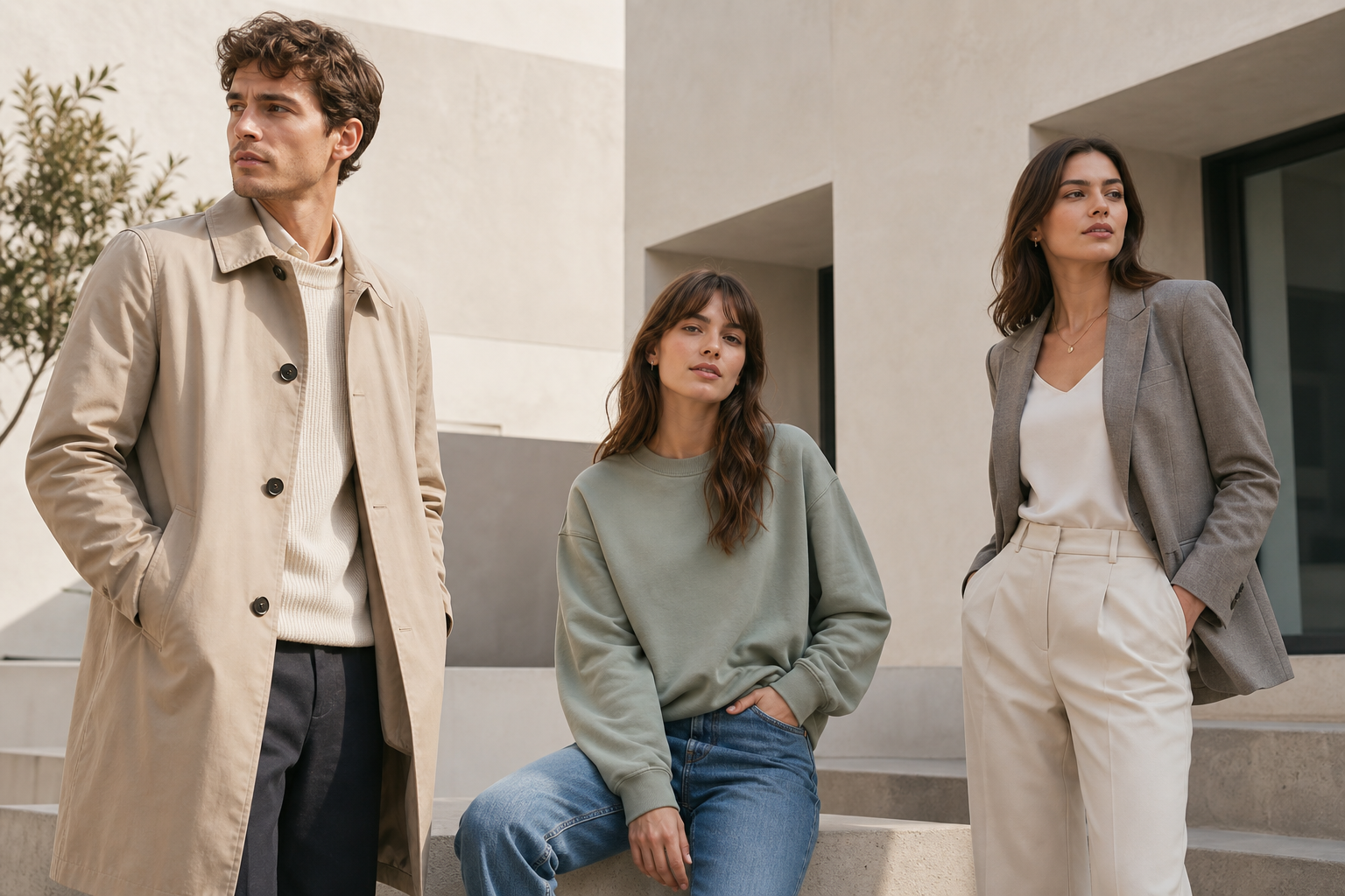 Seasonal lifestyle scene with layered modern outfits in a soft editorial composition