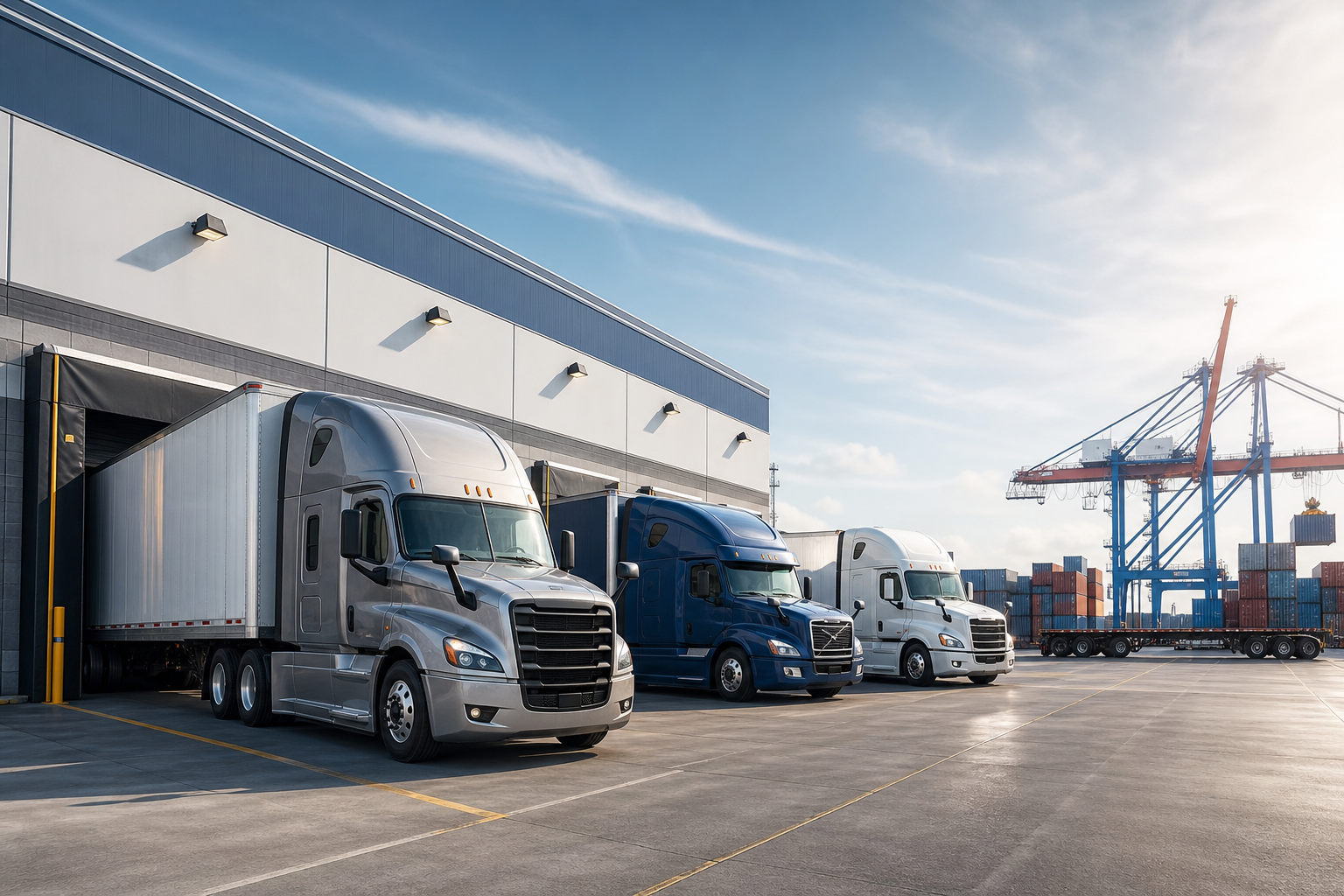 Modern logistics hub with semi-trucks lined up at a loading bay and a freight crane in the distance