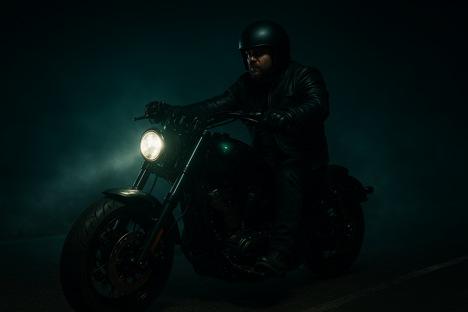 Cinematic motorcycle club rider on a custom cruiser with bright headlights cutting through night fog