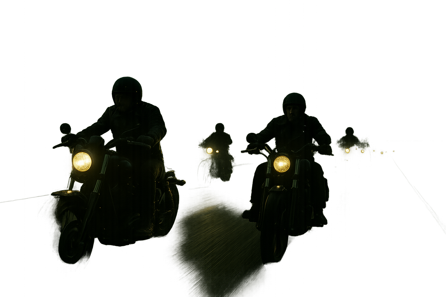 Nightfall group ride of motorcyclists on a long highway, headlights cutting through mist with rugged jackets and custom cruiser silhouettes