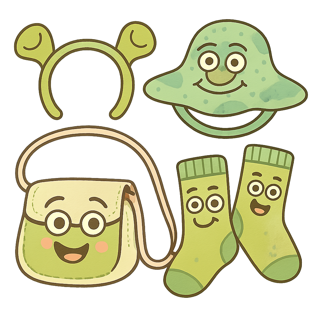 Cartoon illustration of fun Shrek accessories like green ogre ears, a swampy hat, and a whimsical bag, all with playful cartoon faces