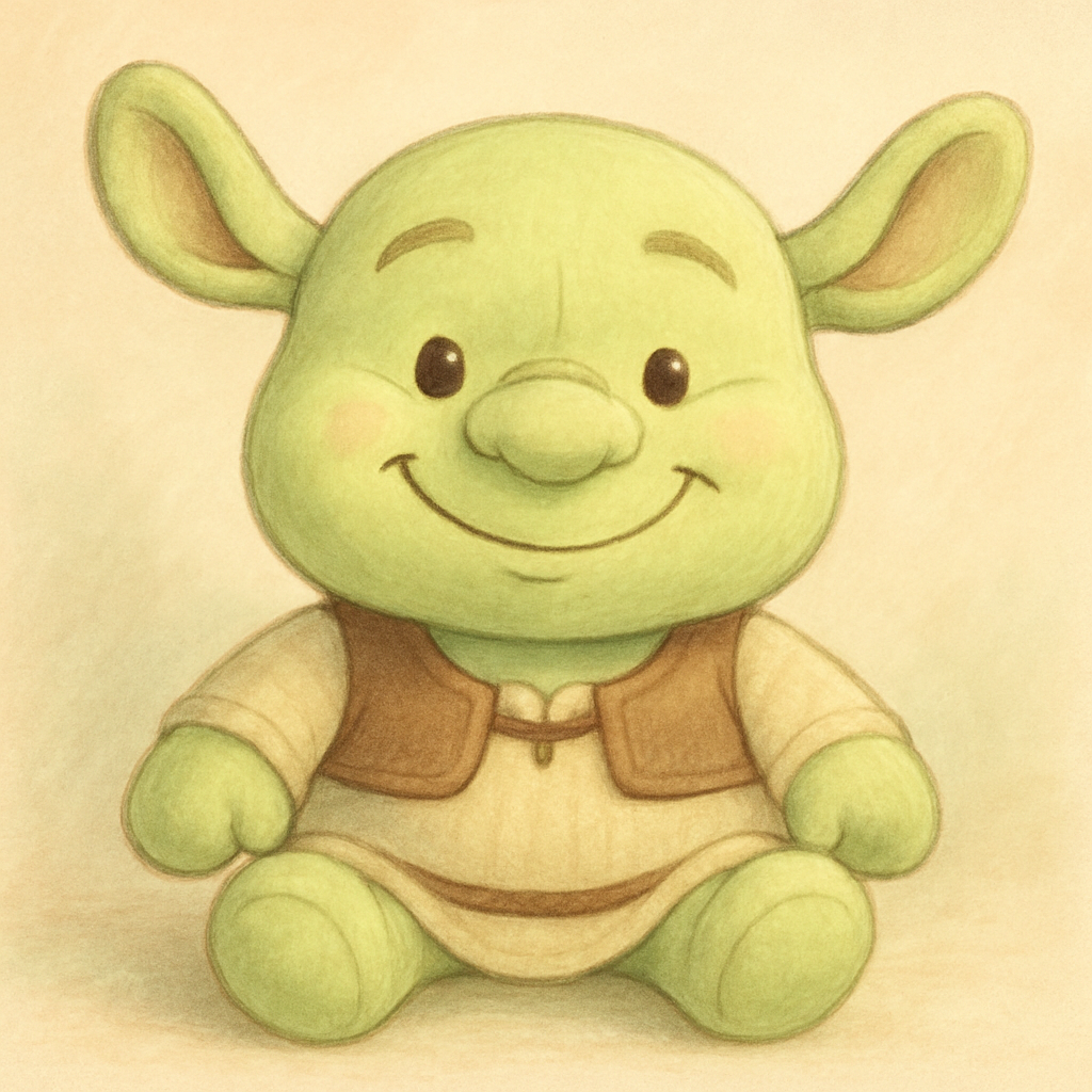 Shrek plushie with big ears and a cheeky grin