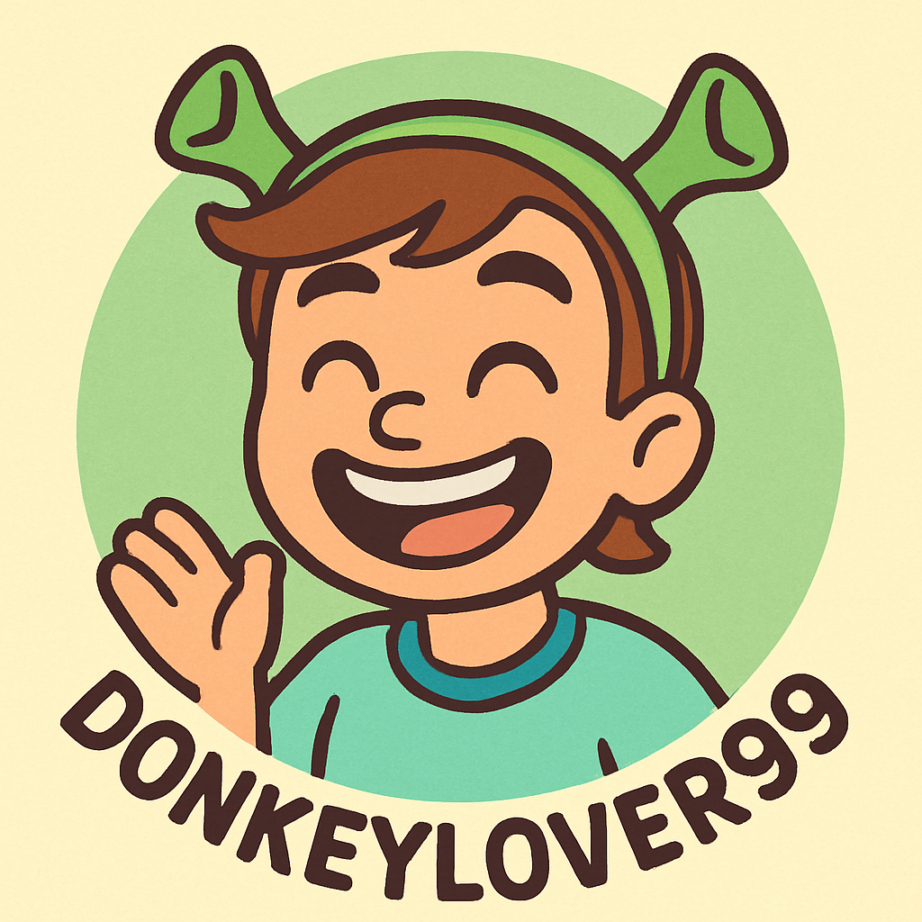 Cartoon avatar of DonkeyLover99 with big smile and Shrek ears headband
