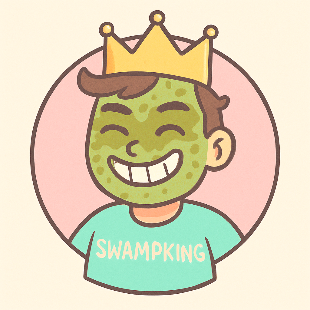 Cartoon avatar of SwampKing with a playful crown and a muddy green face paint