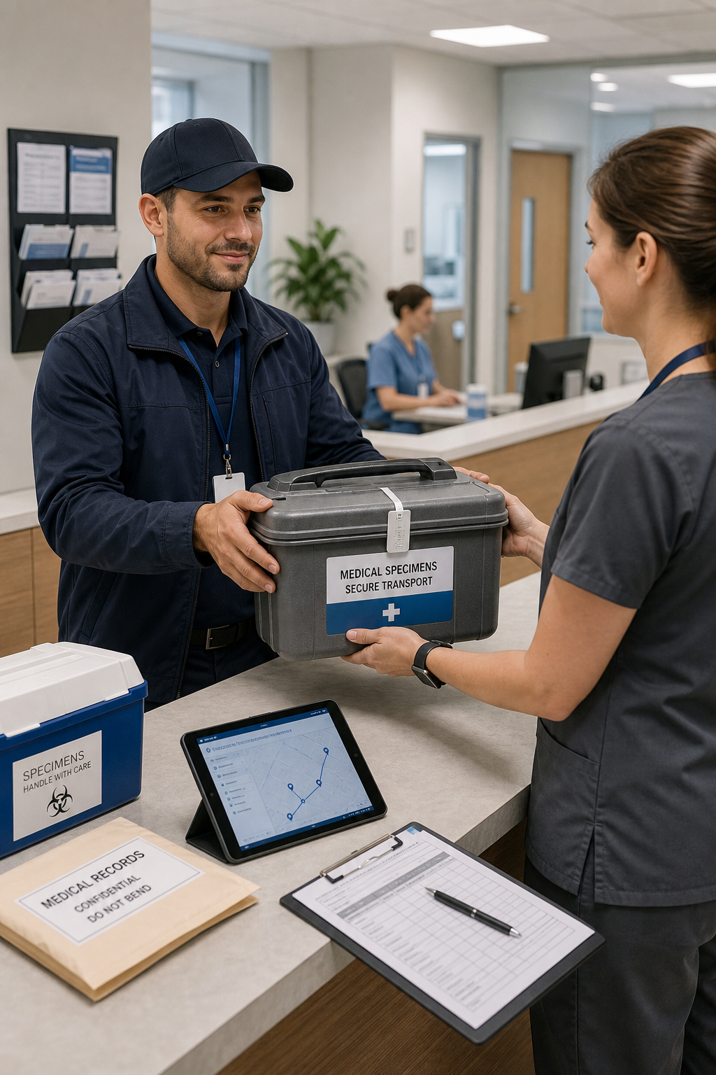 Professional medical courier coordinating secure healthcare deliveries between clinic and laboratory with documented handoff