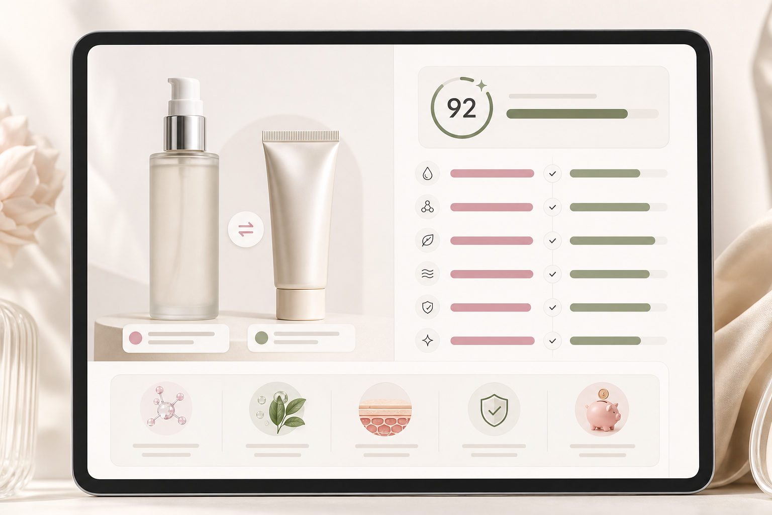 Editorial beauty product comparison interface showing two skincare bottles, ingredient similarity bars, and a highlighted DupeScore badge