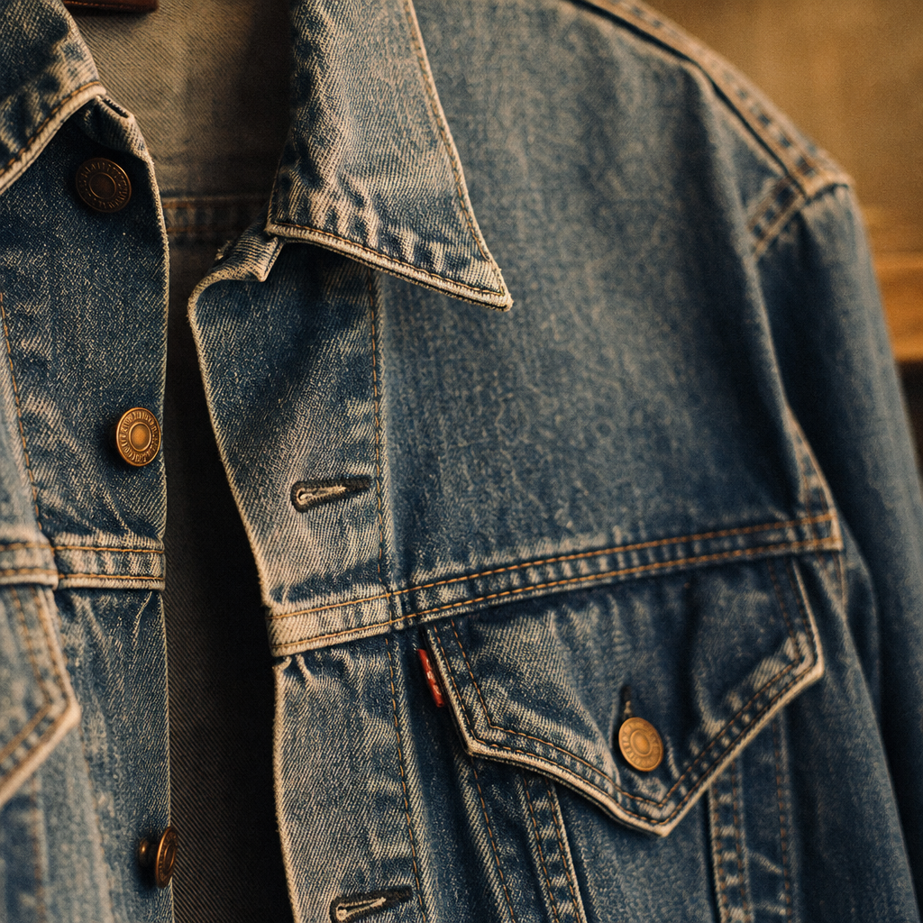 Close-up film photo of a vintage denim jacket with brass buttons and worn texture