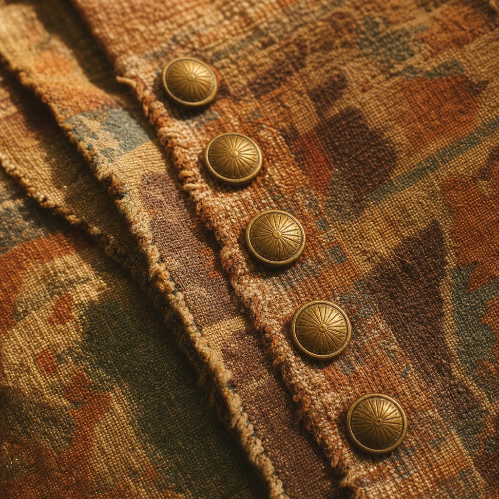 Close-up of textured vintage fabric and gold-toned buttons