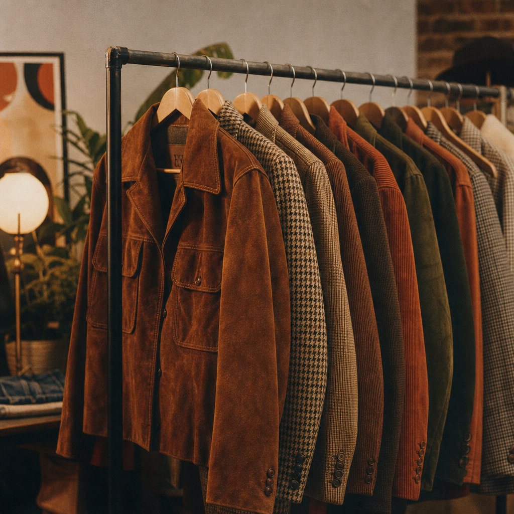 Warm film photo of a curated rack of 70s and 80s jackets in earthy tones