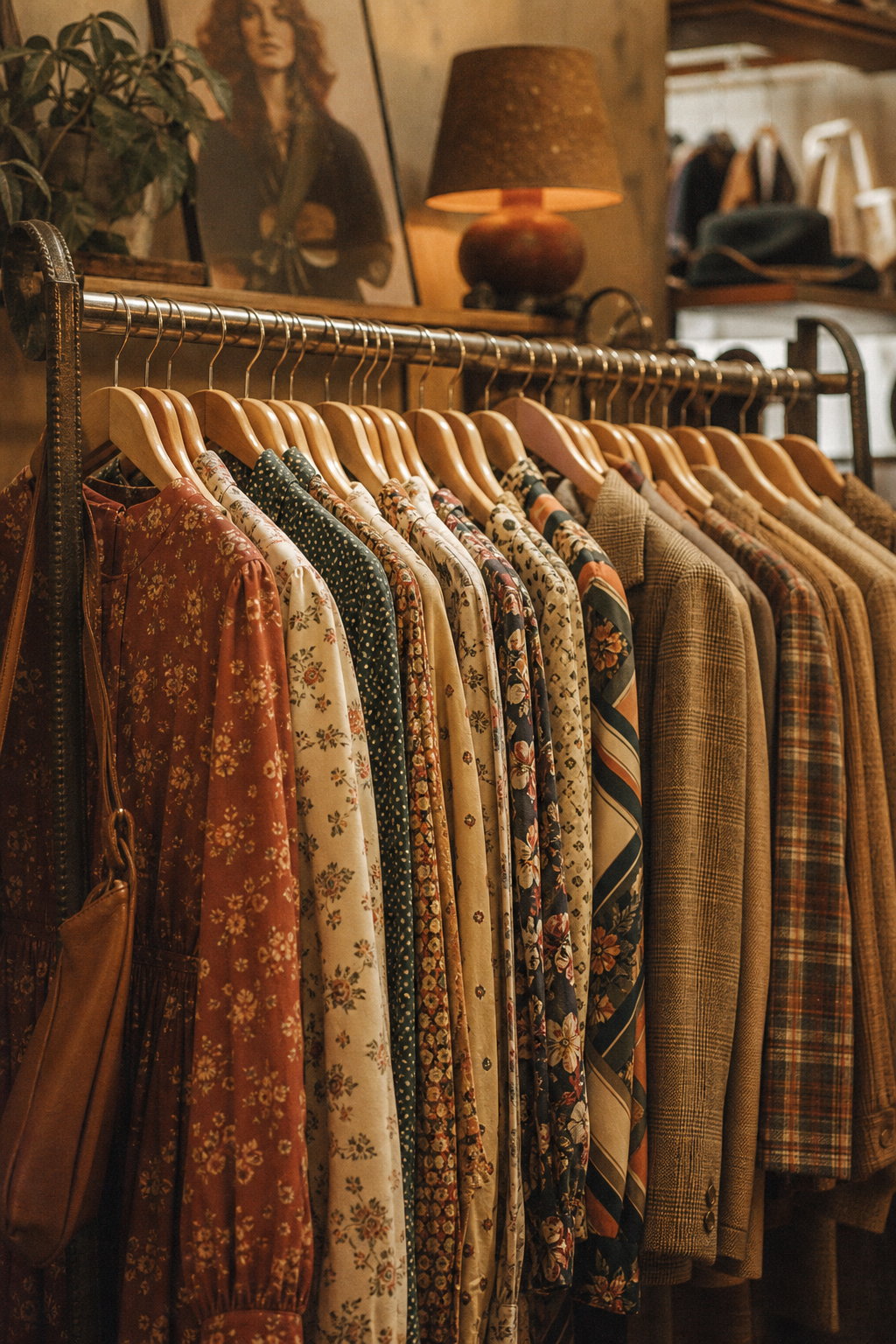 Warmly lit boutique clothing rack filled with 70s and 80s vintage pieces