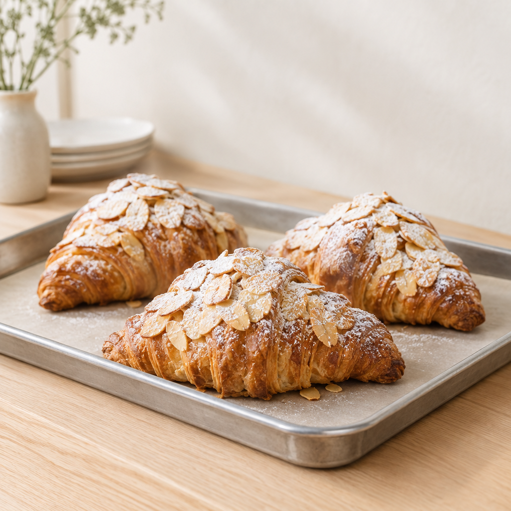 Golden almond croissants on a brushed metal bakery tray