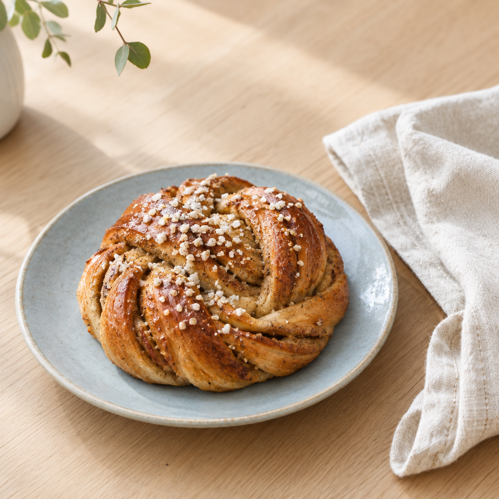 A twisted cardamom bun on a pale blue plate beside a linen napkin