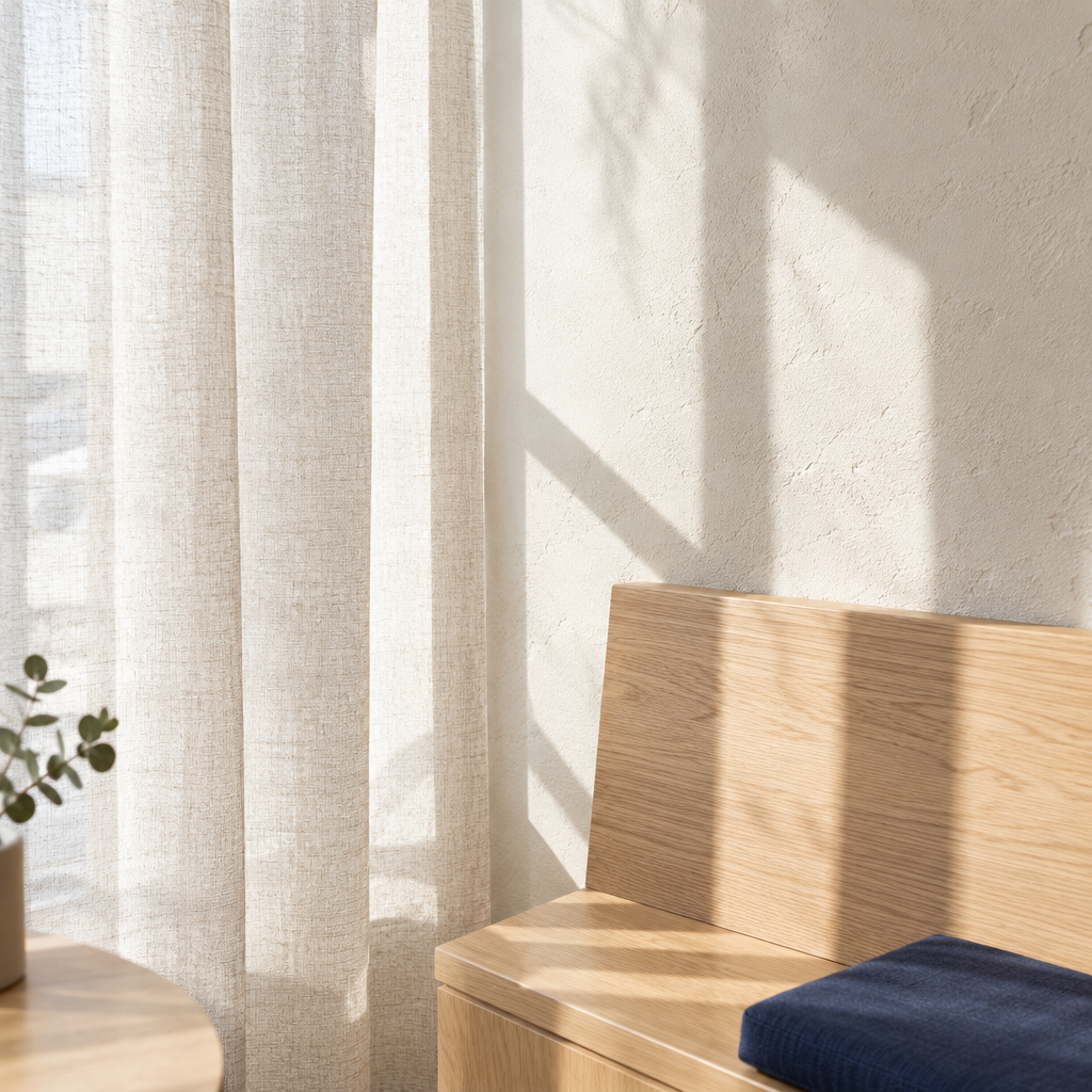 Soft window shadows across a linen curtain, textured wall, and oak cafe bench