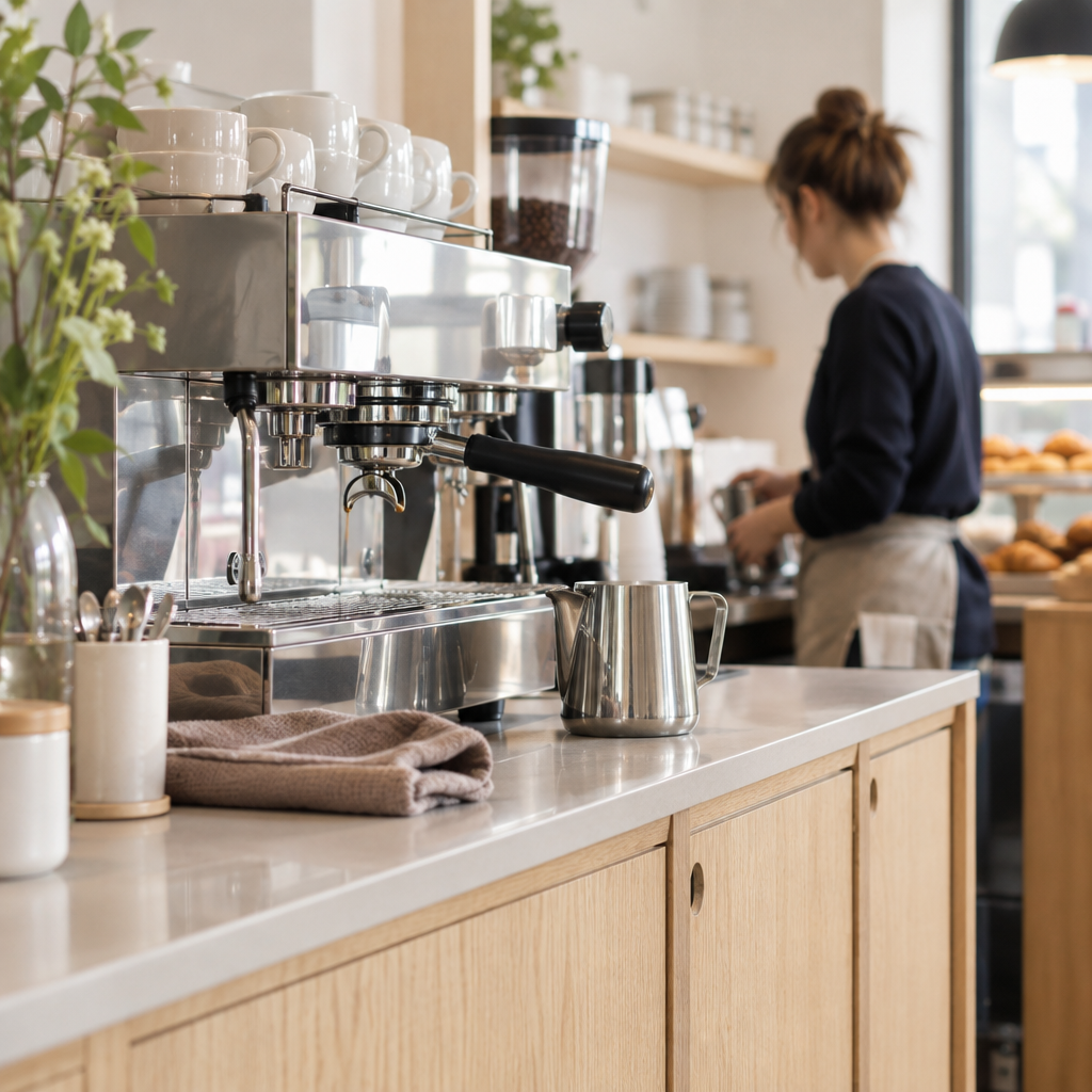 Stainless steel espresso machine, portafilter, and folded cloth at the coffee bar
