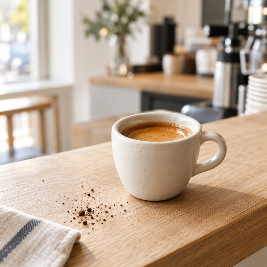 Rich espresso crema in a small ivory ceramic cup on an oak counter