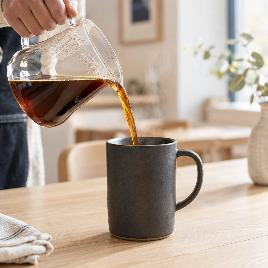 Filter coffee being poured from a glass carafe into a charcoal ceramic mug