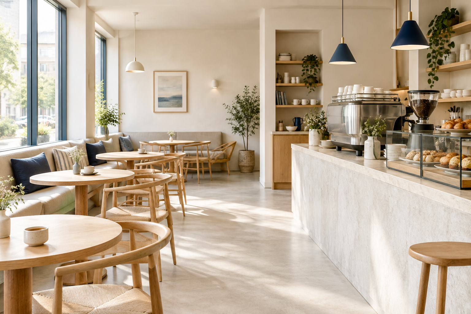 Daylight-filled neighborhood cafe with pale oak furniture, comfortable seating, and a welcoming coffee counter