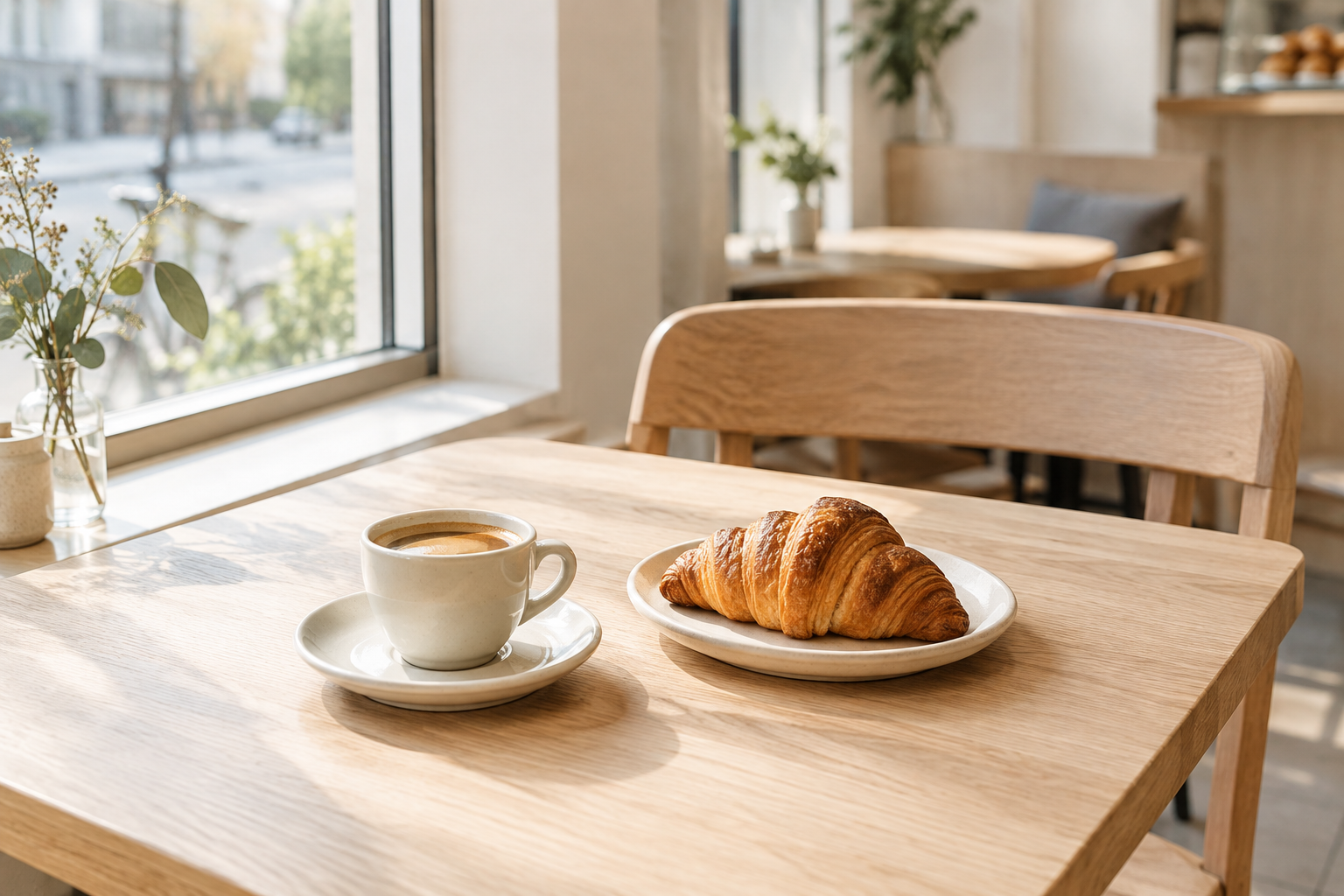 Coffee and a golden pastry on a light oak table beside a sunlit cafe window