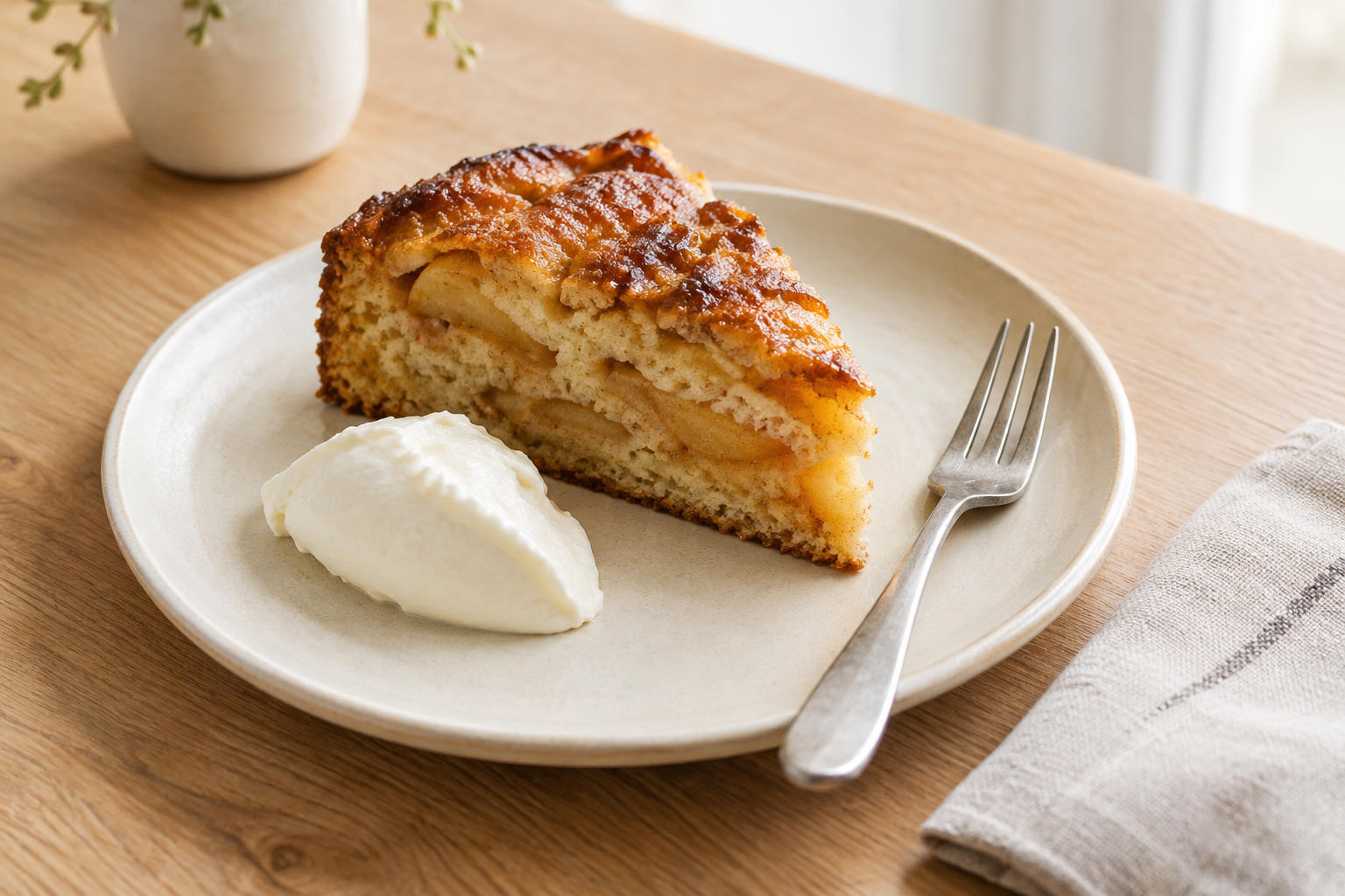 Rustic slice of golden brown butter apple cake with layered apple pieces and a spoonful of cream