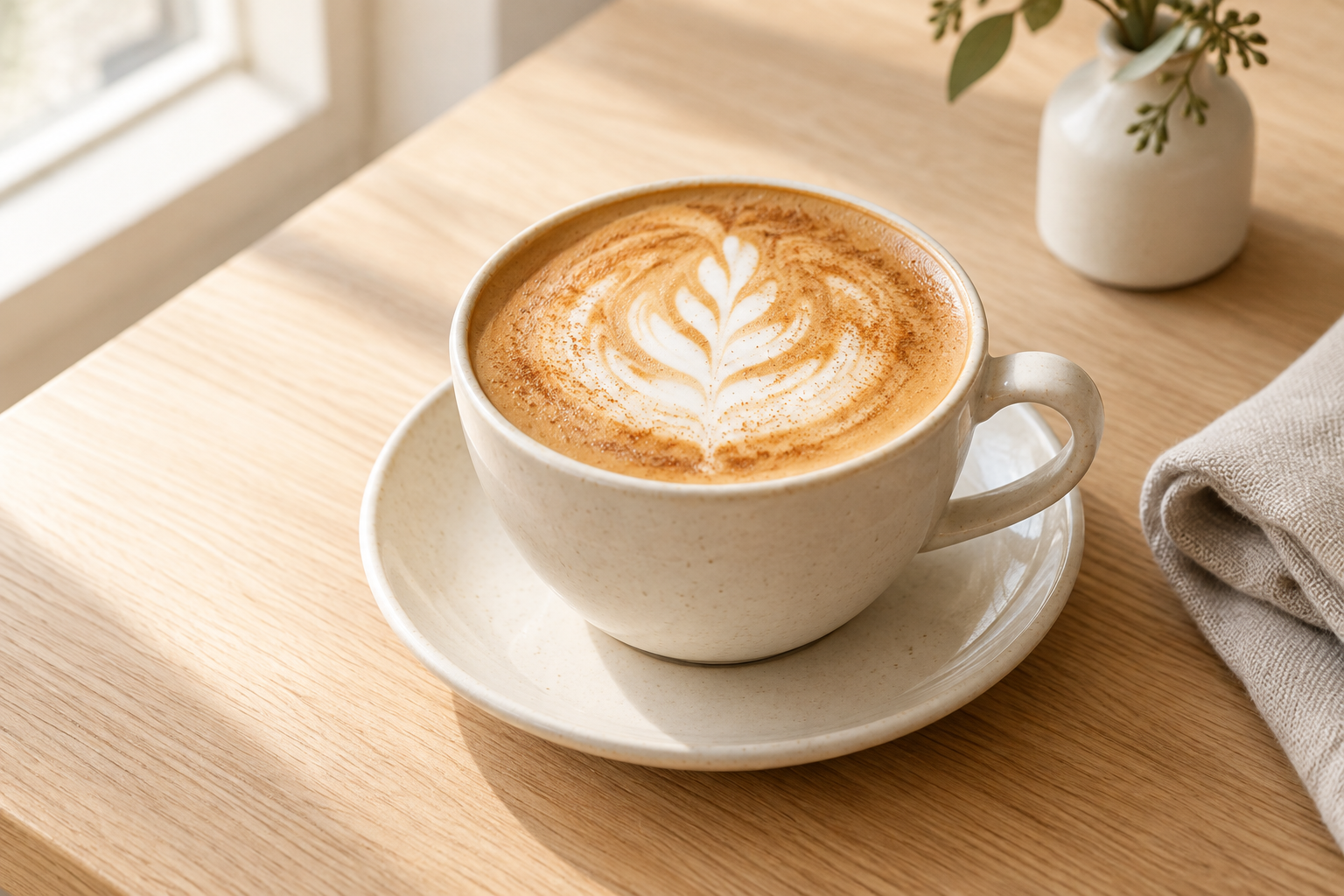Maple oat latte in a cream ceramic cup with delicate leaf latte art on a pale oak table
