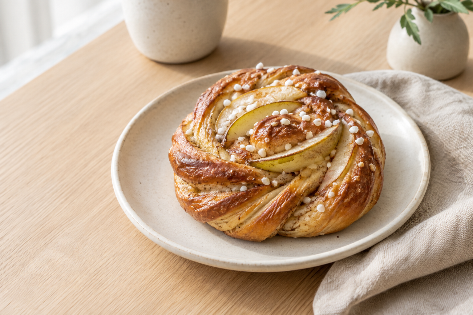 Golden twisted cardamom bun topped with thin pear slices and pearl sugar on a small ivory plate