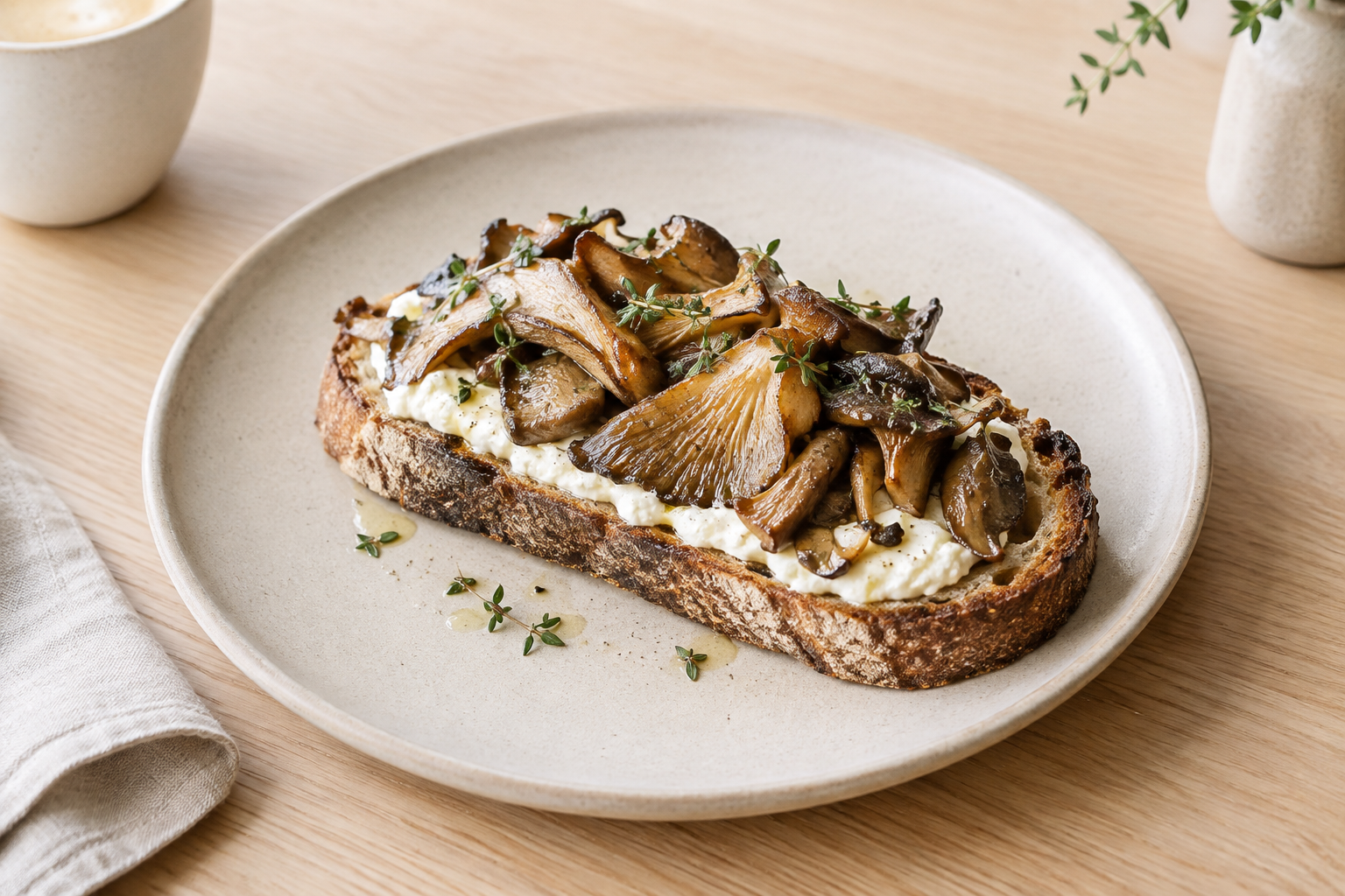 Thick sourdough toast with browned oyster mushrooms, whipped ricotta, and green thyme on a stoneware plate