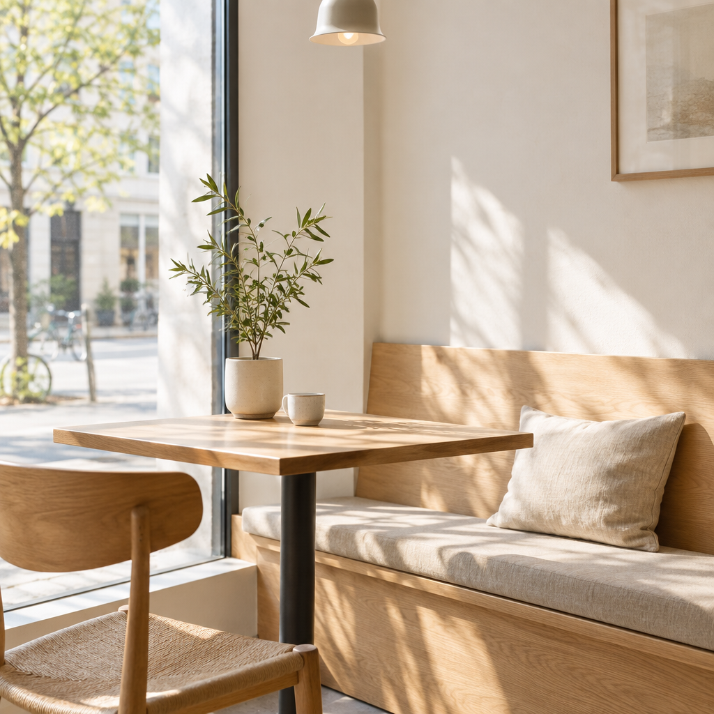 A bright cafe window corner with pale oak seating and a linen cushion