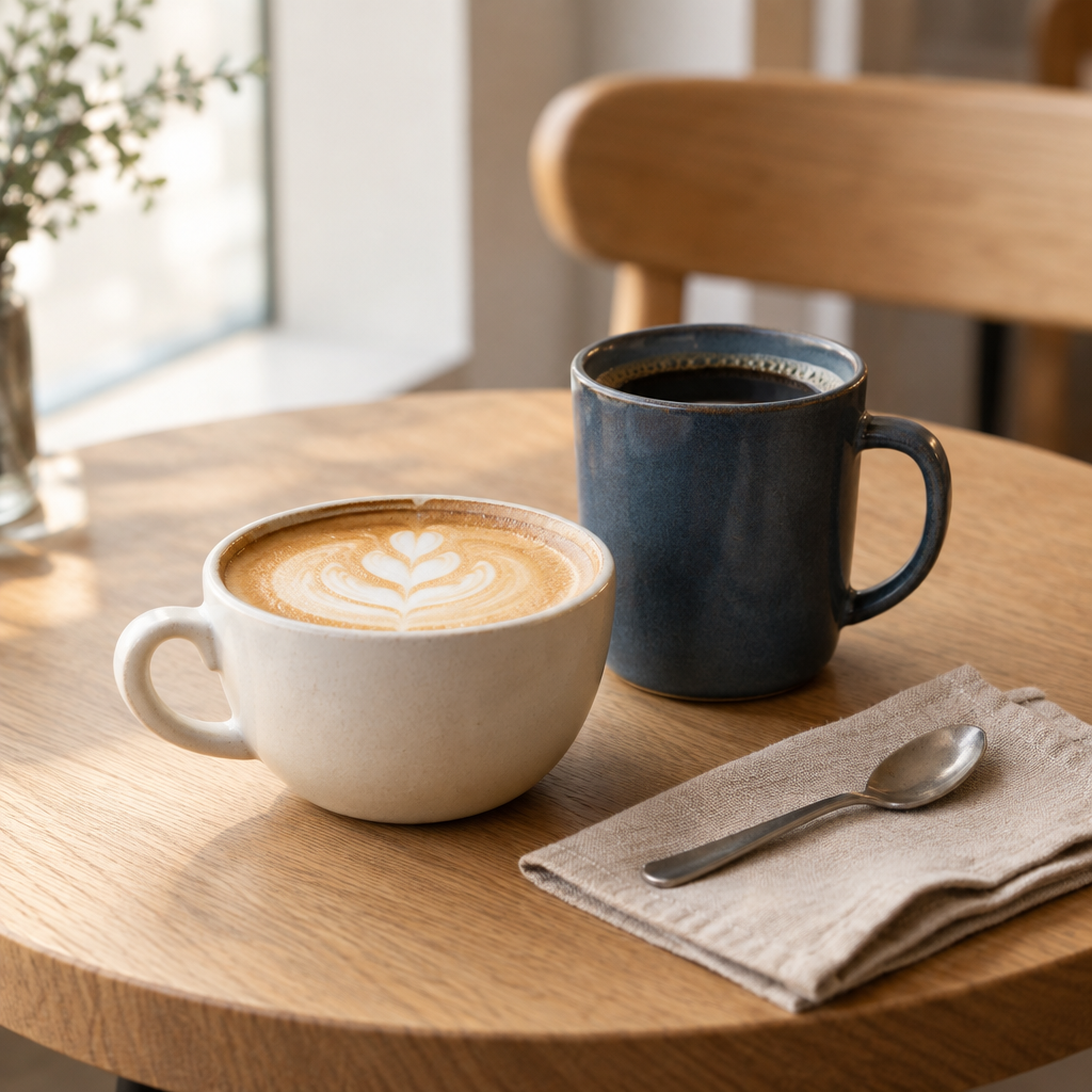 Two differently shaped ceramic coffee cups on a small round wooden table