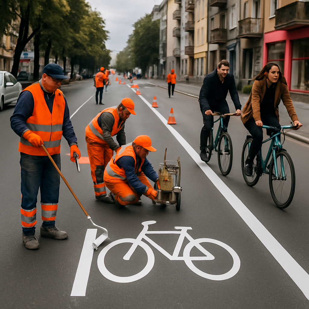 New bicycle lanes being painted on Ternopil street