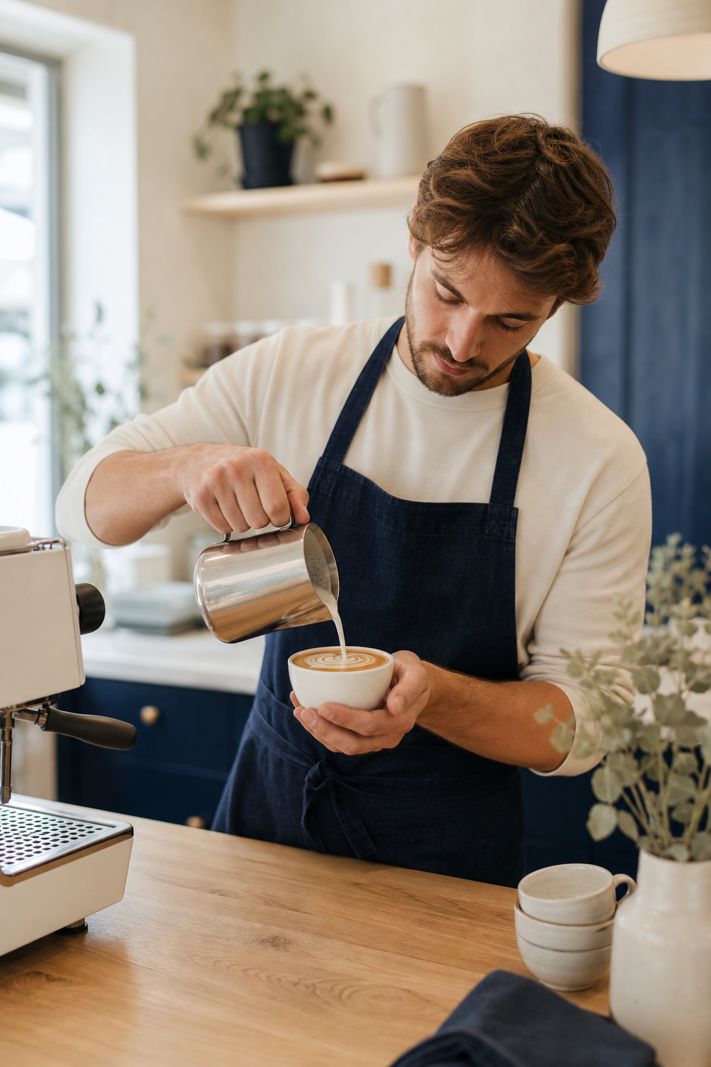 Barista carefully pouring latte art into a ceramic cup on a light wood counter in a bright Scandinavian-style cafe