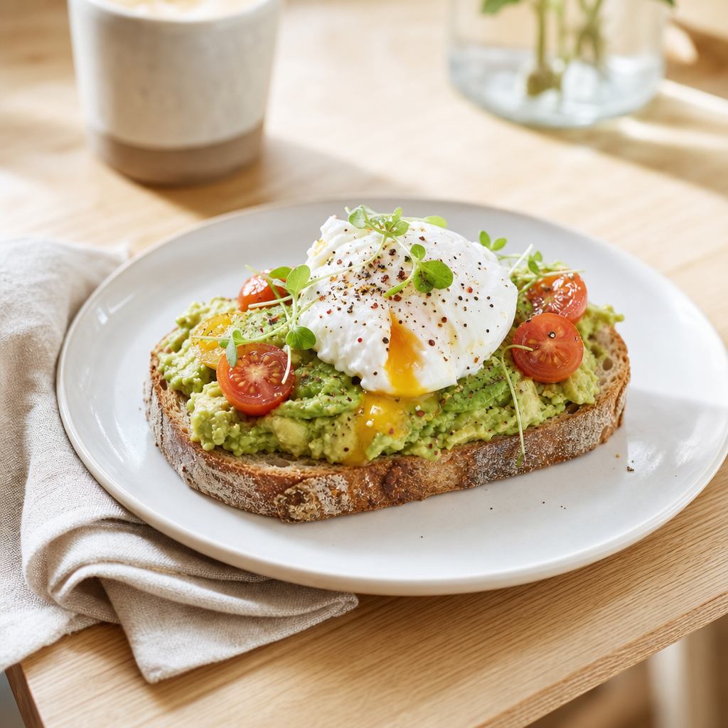 Rustic avocado toast with a soft poached egg and cherry tomatoes on sourdough, on a white plate with linen napkin