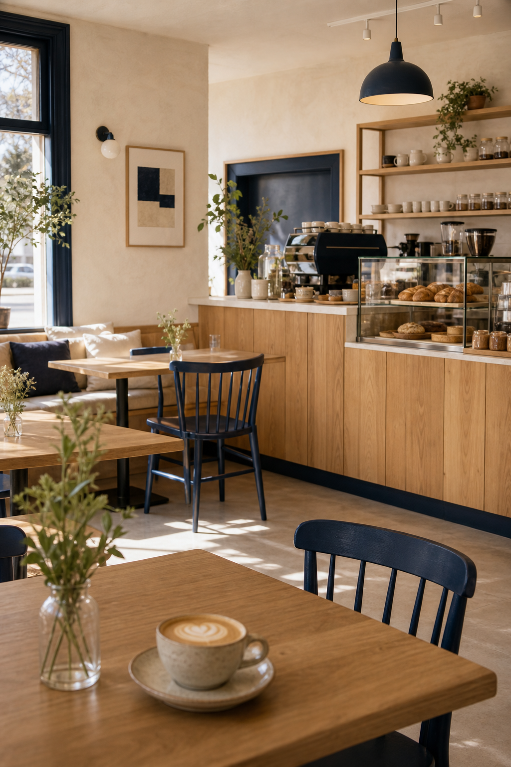 Cozy Scandinavian-style coffee shop interior with warm natural light, light wood tables, navy accent chairs, and pastries displayed at the counter