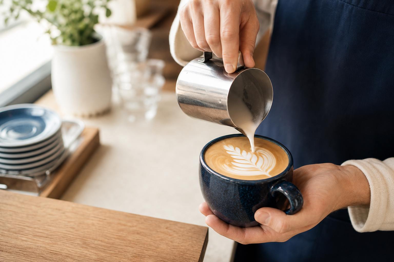 Barista's hands pouring milk to create leaf-pattern latte art in a navy-glazed mug