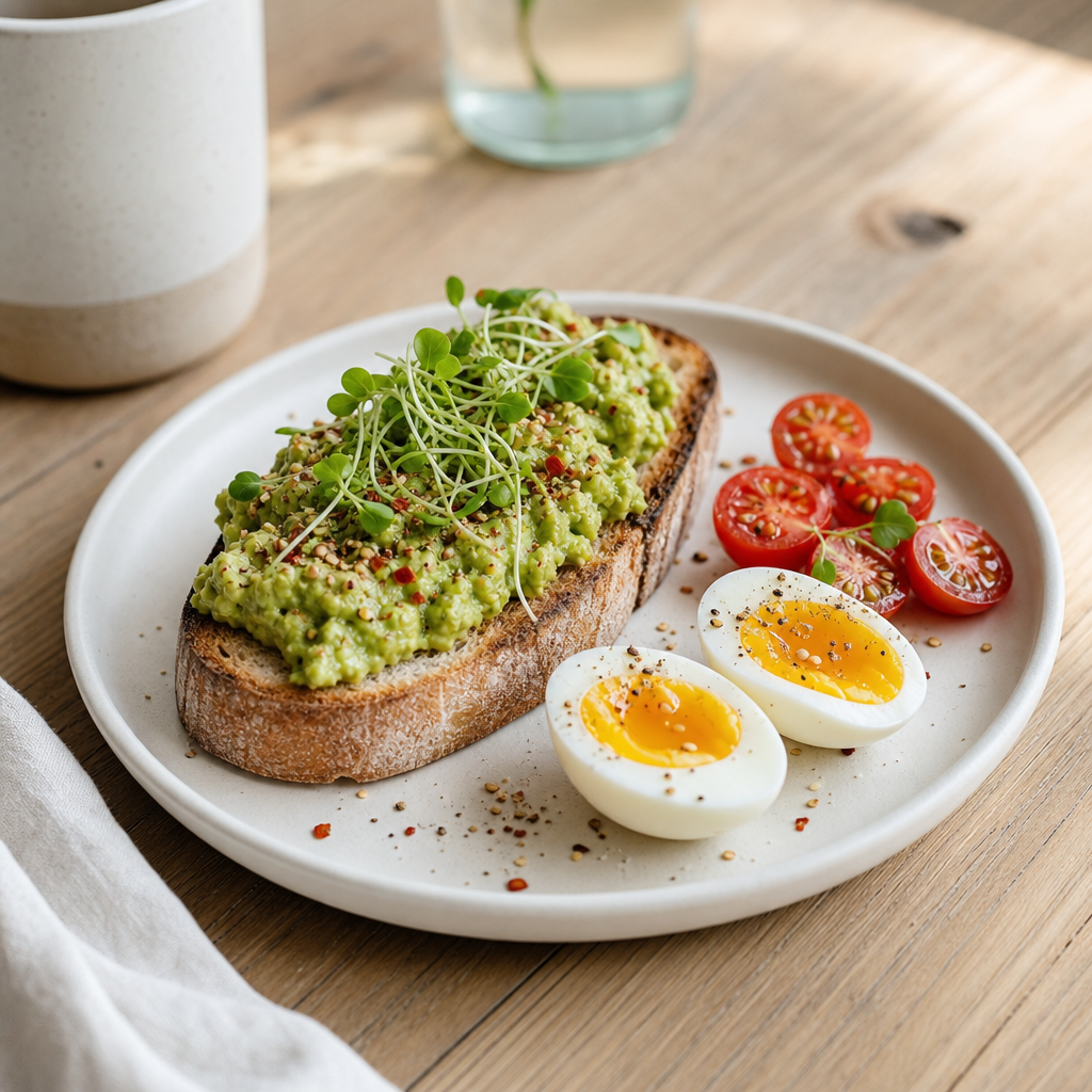 White ceramic plate with avocado toast, soft boiled egg, and cherry tomatoes on a wood table
