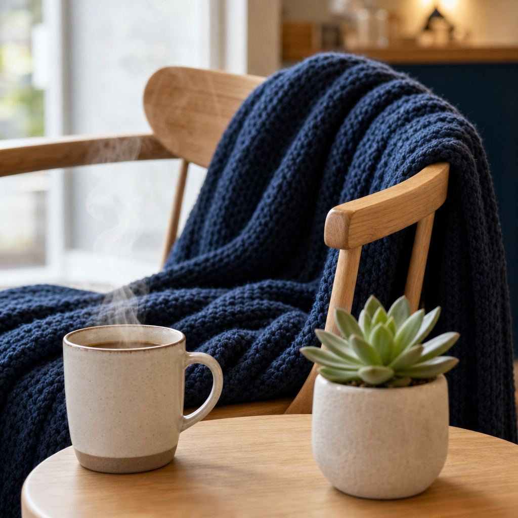 Knitted navy blanket draped over a light wood chair beside a steaming mug and small succulent