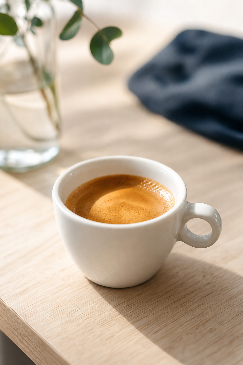 Close-up of a white ceramic cup of espresso with delicate crema on a light wood table