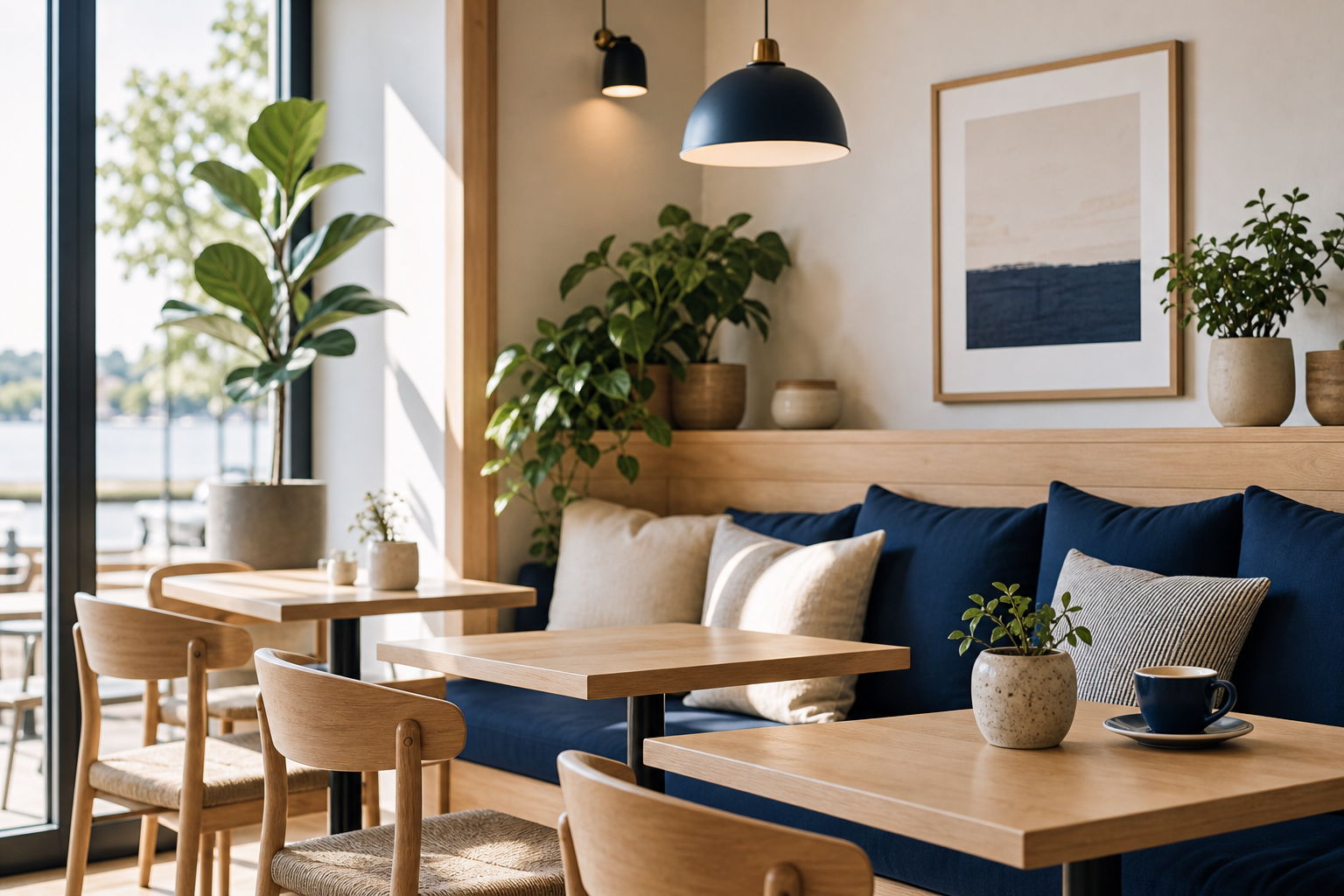 Cozy cafe interior with light wood tables, navy cushioned bench seating, and potted plants beside a bright window